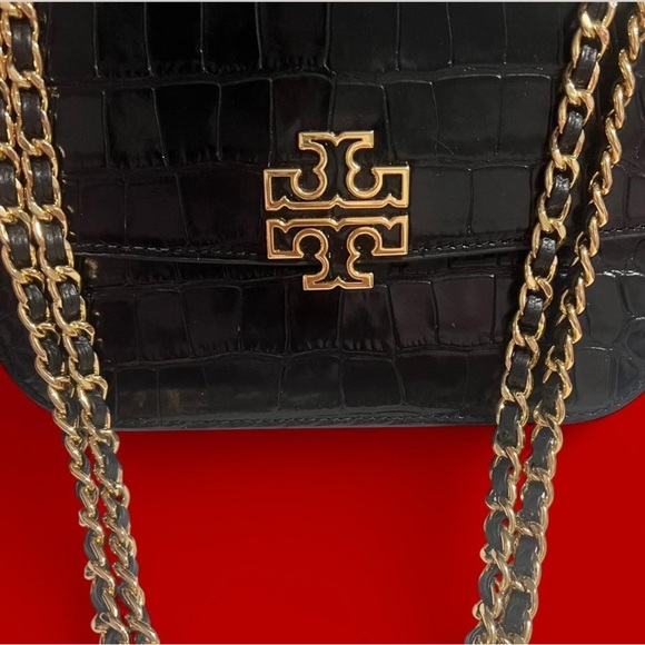 Tory Burch Black Croc-Embossed Shoulder Bag with Gold Chains - Picture 1 of 4